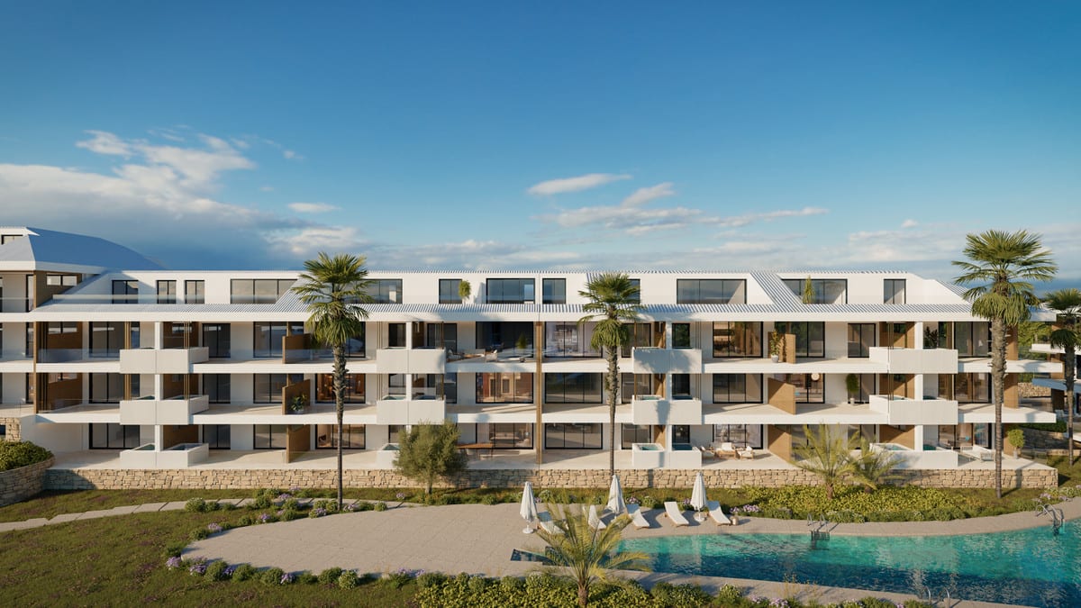 Project visualisation of UNIQUE INFINITY with white façades, multiple terraces with dark window frames, palm trees, landscaping and a swimming pool in the foreground.