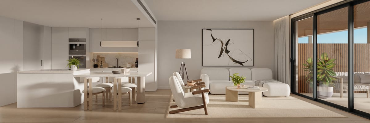 Interior visualisation of UNIQUE INFINITY featuring an open-plan kitchen with white cabinets and integrated appliances, a dining area, seating area with a white sofa and armchair, light flooring and sliding glass doors opening onto a terrace.