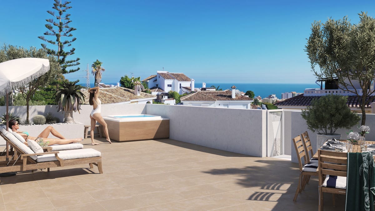 Project visualisation of the URBAN CITY HORIZON terrace with beige tiled flooring, wooden sun loungers, a dining table, plants and a small rectangular plunge pool with wooden surround.