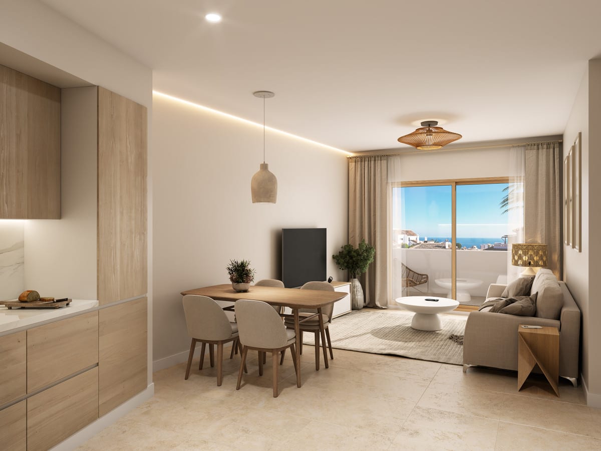 Project visualisation of the open-plan living space at URBAN CITY HORIZON with wooden kitchen fronts, a dining table, sofa and sliding glass doors opening onto an outdoor area.