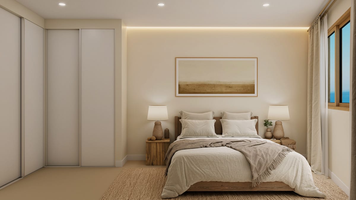 Project visualisation of a bedroom at URBAN CITY HORIZON with a wooden bed, fitted wardrobes with light sliding doors and a window with curtains.