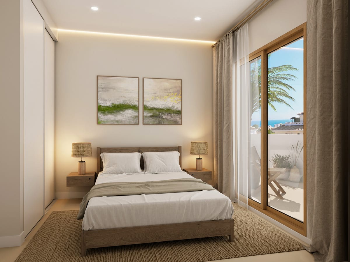 Project visualisation of a bedroom at URBAN CITY HORIZON with a wooden bed frame, table lamps on bedside tables, light sliding-door wardrobes and sliding glass doors leading outside.