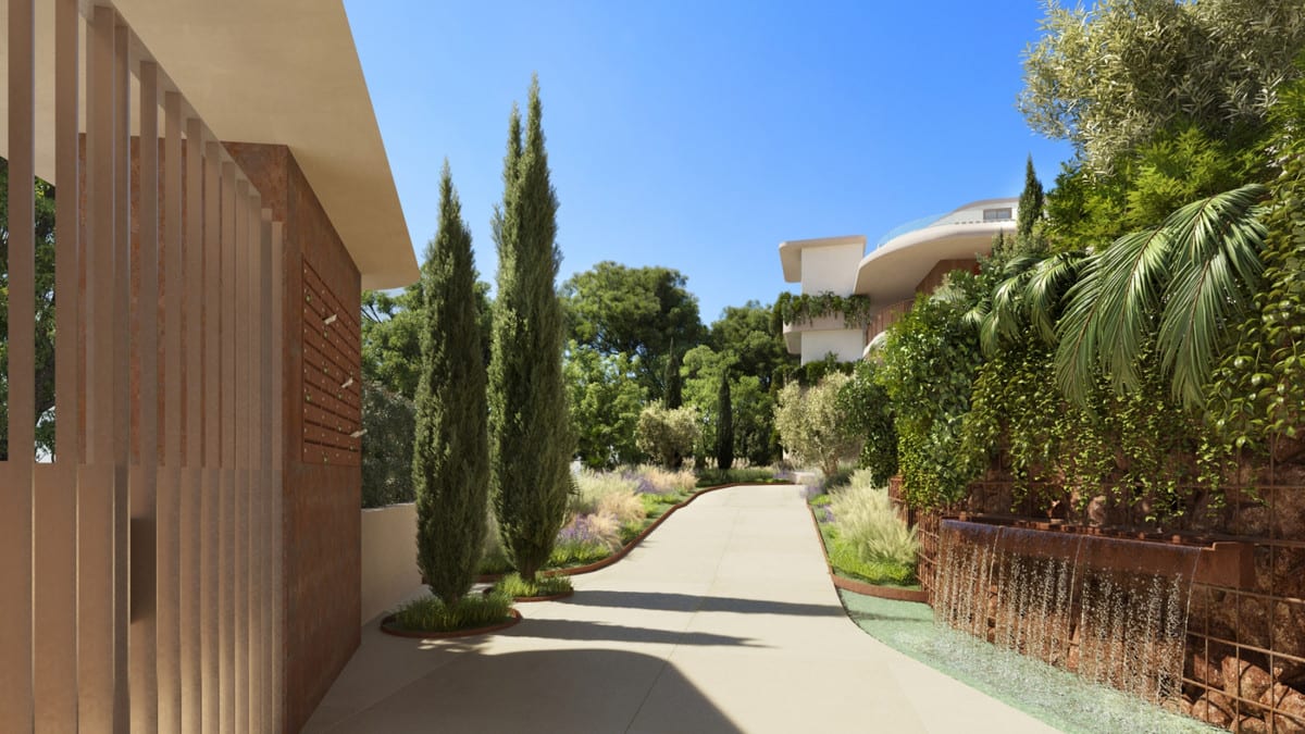 Project visualisation of VALLEY COLLECTION featuring a light-tiled pathway, cypresses, palms, varied planting, and a waterfall alongside a corten steel wall.