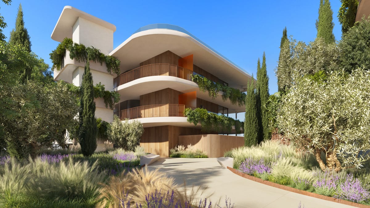 Architectural visualisation of VALLEY COLLECTION featuring undulating white balconies, wooden balustrades, cascading planting, and a surrounding garden with olive trees, cypresses, and purple flowers.