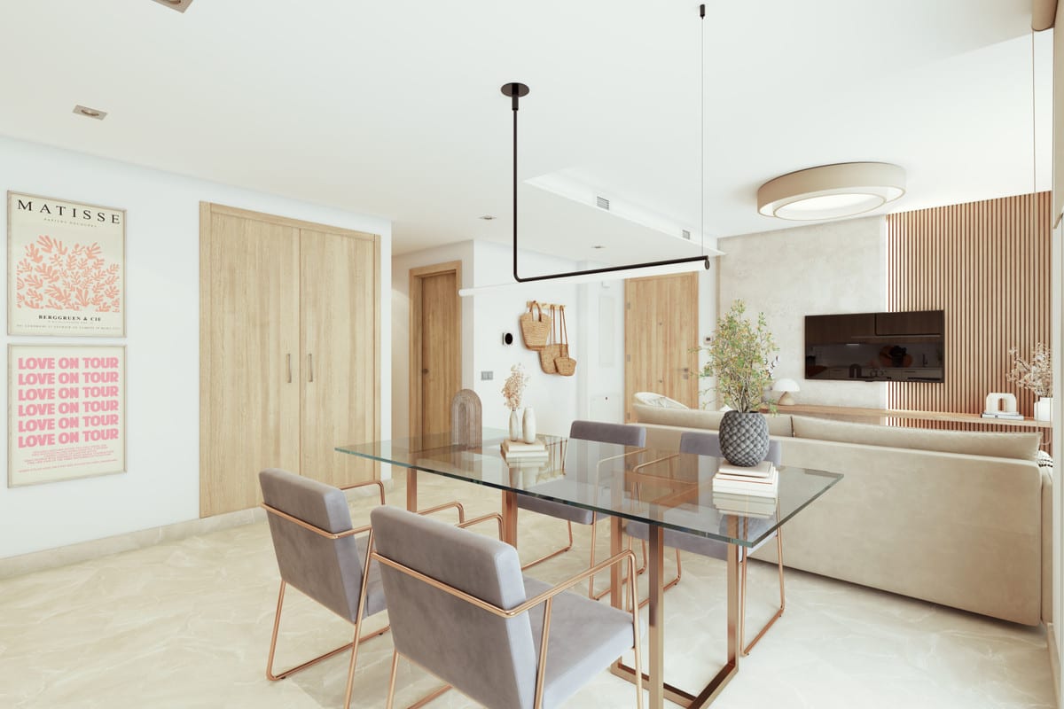 Project visualisation of VALLEY VIEWS featuring a dining area with a glass table and grey chairs on rose-gold frames, a linear pendant light and a living room with a sofa, wooden slats and wall-mounted television.