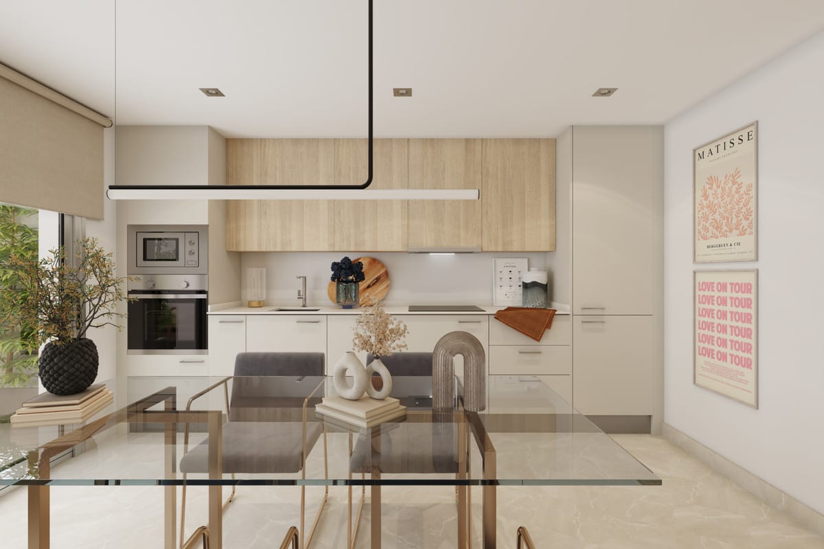 Project visualisation of VALLEY VIEWS featuring an open-plan kitchen with beige base units, light wood wall units, built-in oven and microwave, and a glass dining table with grey chairs in the foreground.
