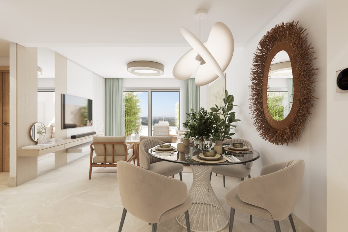 Project visualisation of VALLEY VIEWS featuring a round table with a dark top, beige chairs, a large sculptural white pendant light, a round rattan mirror and a living room with television and large windows.