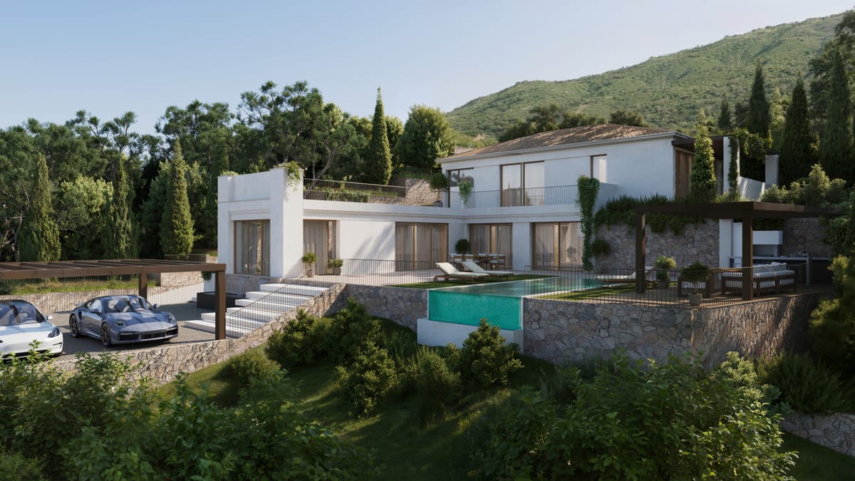 Exterior visualisation of the villa with a pool, terraces and wooded hills behind it.
