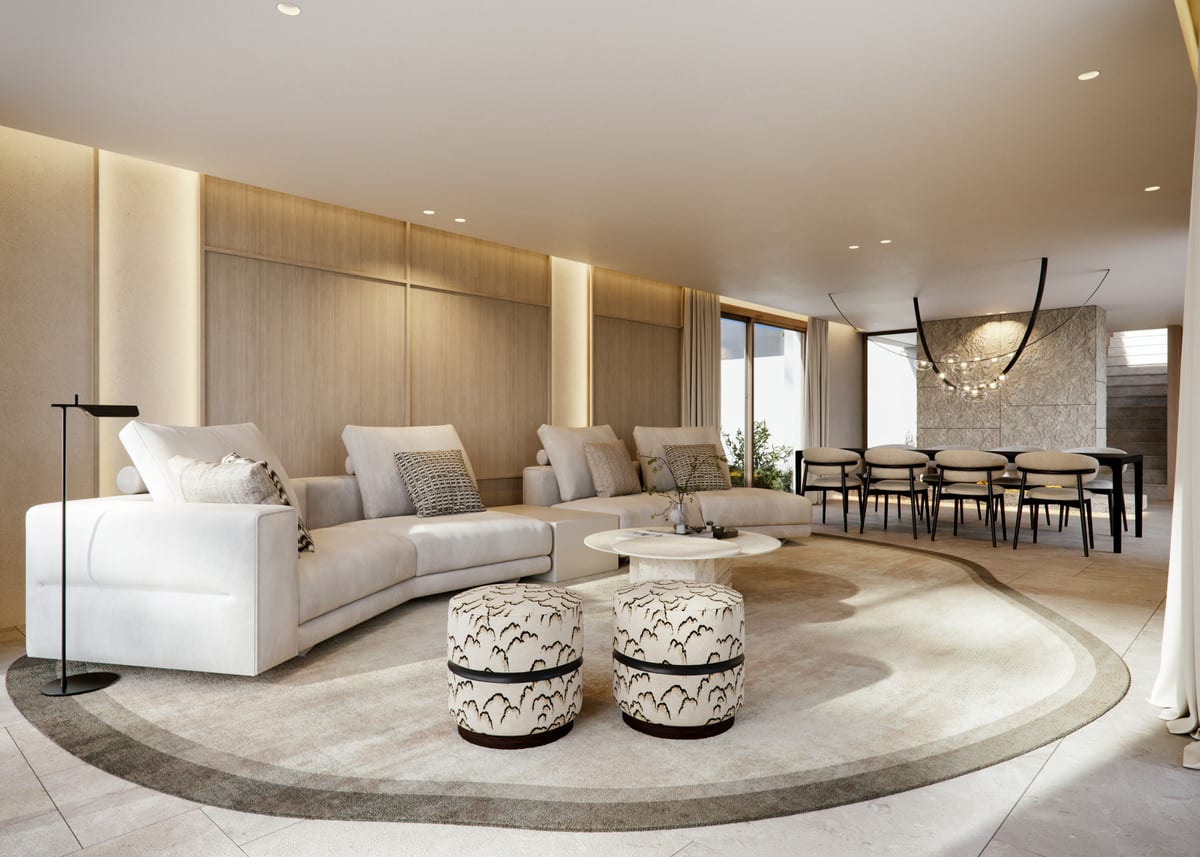 Visualisation of a living and dining area with a curved sofa, round rug and wall panelling.
