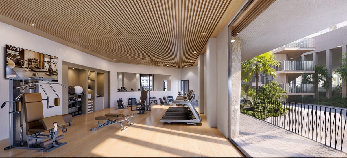 Rendered VESTA MARE fitness room with treadmills, strength-training equipment, a dumbbell rack, timber slatted ceiling and an open side wall overlooking a planted courtyard.