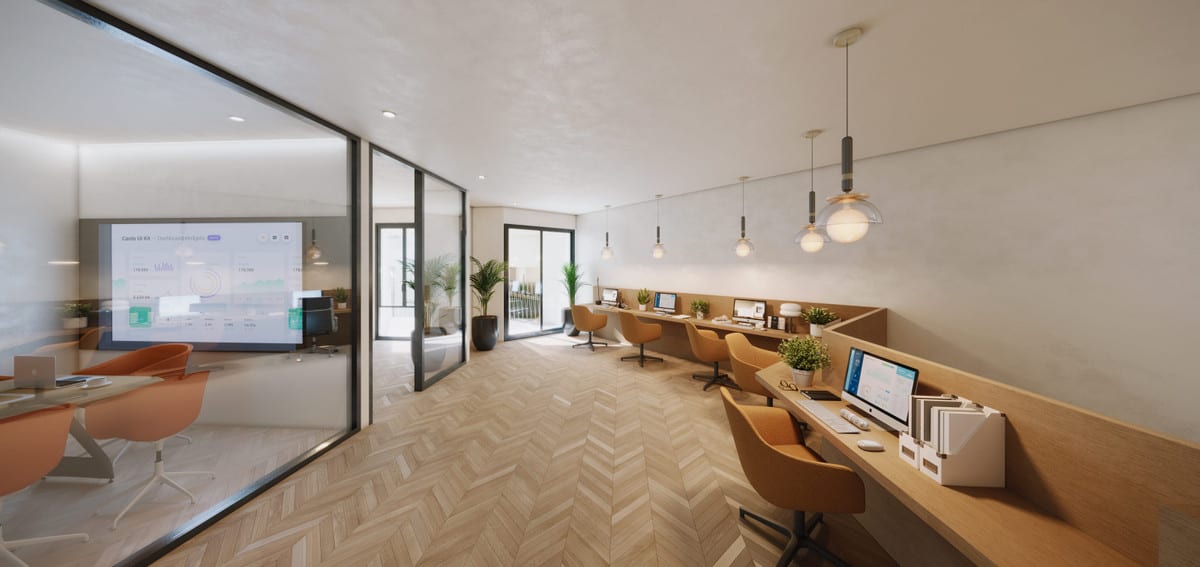 Rendered VESTA MARE workspace with a long wooden workbench, computers, terracotta-coloured chairs, suspended globe lamps and a glass meeting room with a projection screen on the left.