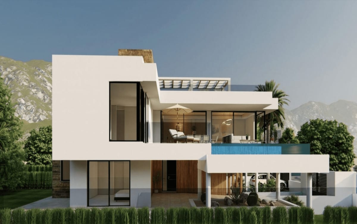 Aerial visualisation of VILLA 001 MARBESA showing the buildings, terraces and surrounding residential setting.