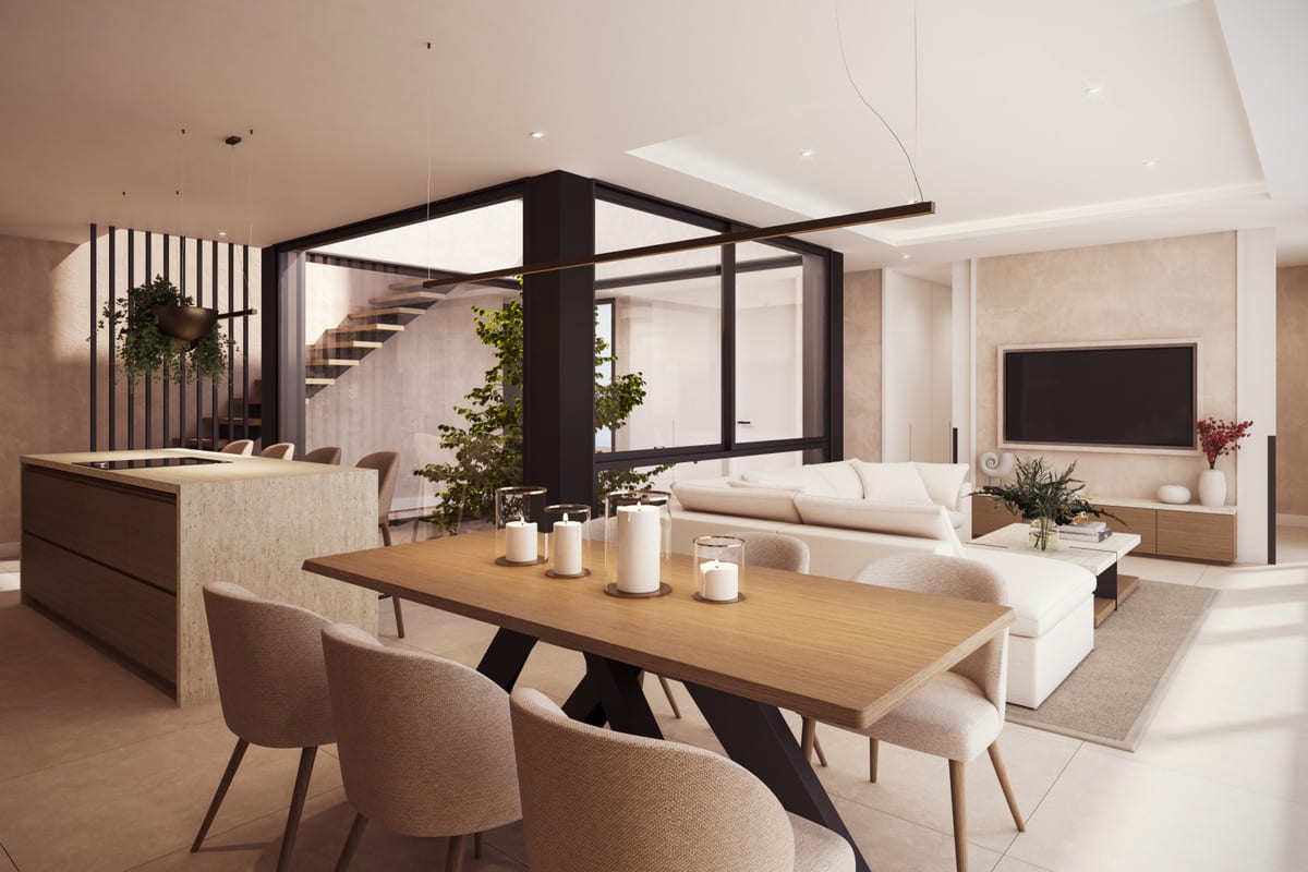 Project visualisation — VILLA AINOA: Indoor dining area and kitchen beside a glazed courtyard.