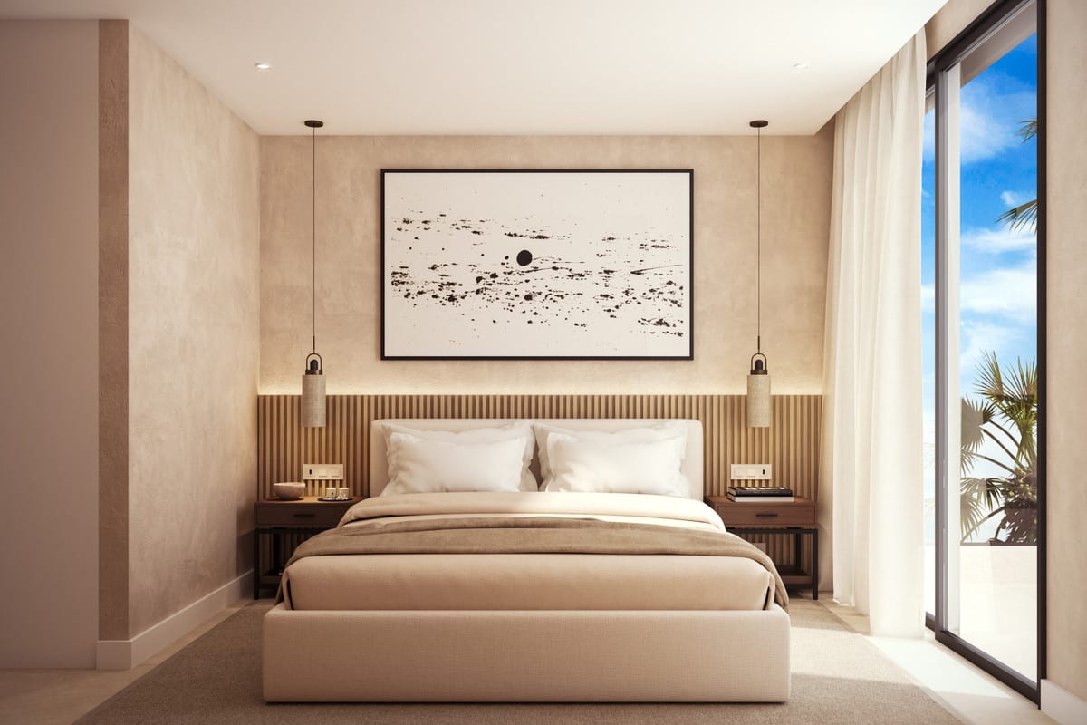 Project visualisation — VILLA AINOA: Bedroom with a double bed, timber headboard and large window.