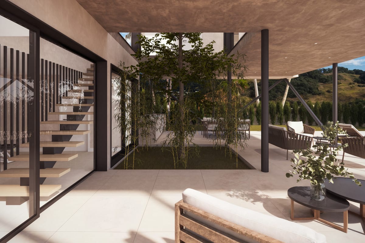 Project visualisation — VILLA AINOA: Covered terrace beside the courtyard and glazed staircase enclosure.