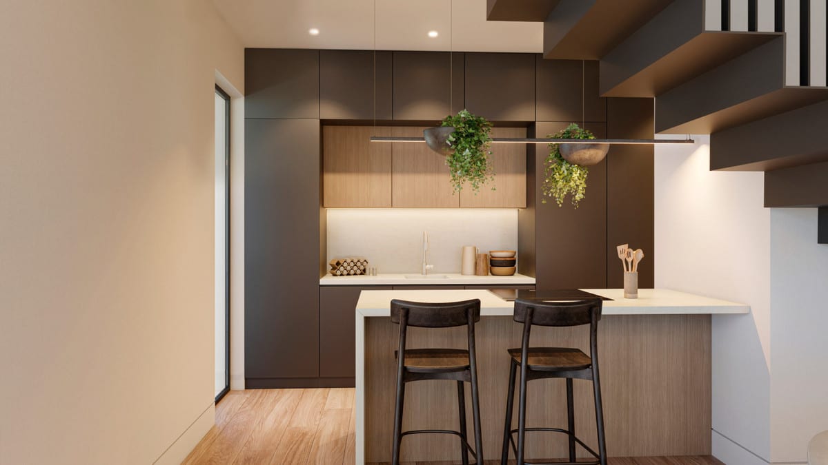 Kitchen visualisation with a light island, dark cabinets, wood-effect accents and hanging plants.
