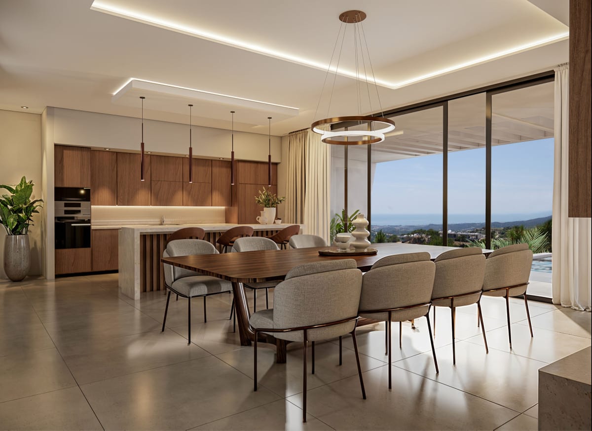 Kitchen visualisation of VILLA AKASIA with fitted cabinetry, worktop area and natural light.