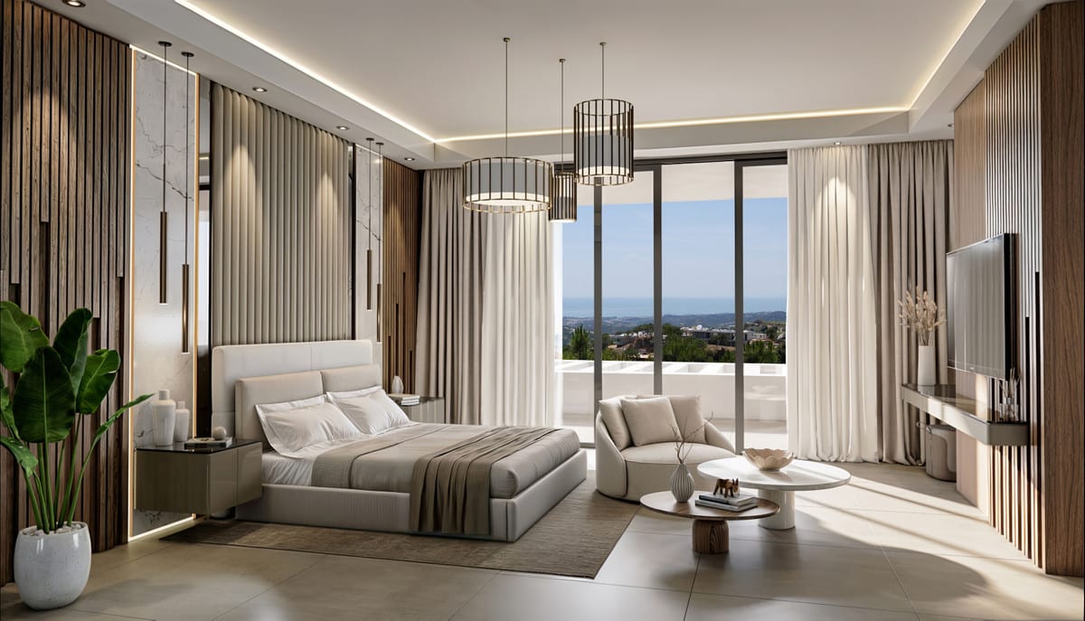 Bedroom visualisation of VILLA AKASIA with calm finishes and a residential atmosphere.
