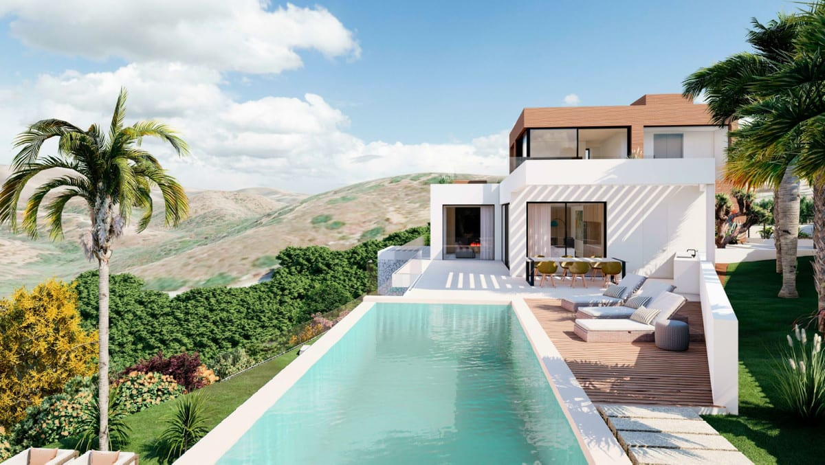 Aerial visualisation of VILLA ANA showing the buildings, terraces and surrounding residential setting.