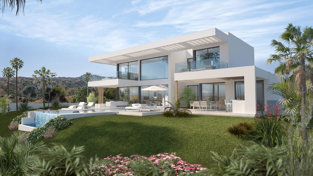 Exterior visualisation of the villa with a lawn, pool and covered terrace.