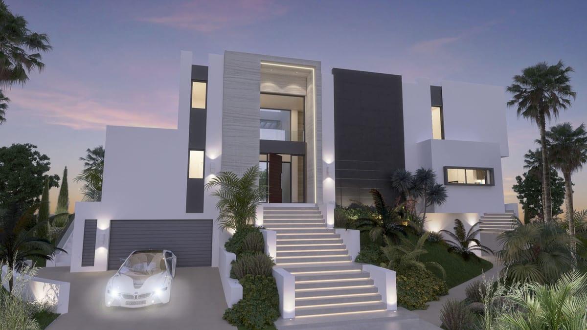 Evening visualisation of the entrance facade with exterior stairs and a driveway.