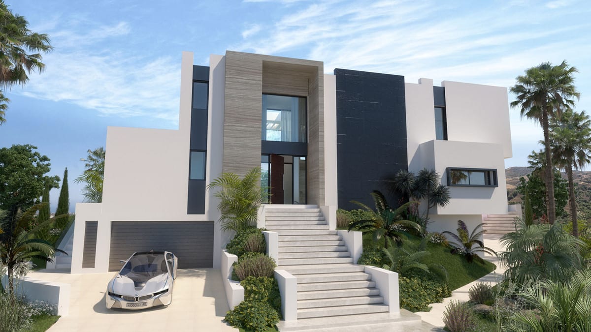 Daytime visualisation of the entrance facade with exterior stairs and a driveway.