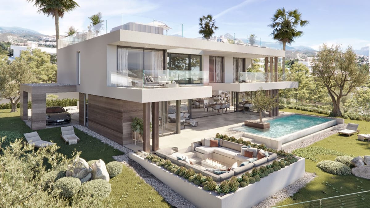 Exterior view with clean architectural volumes, spacious terraces, a pool and a sunken seating area in the garden.