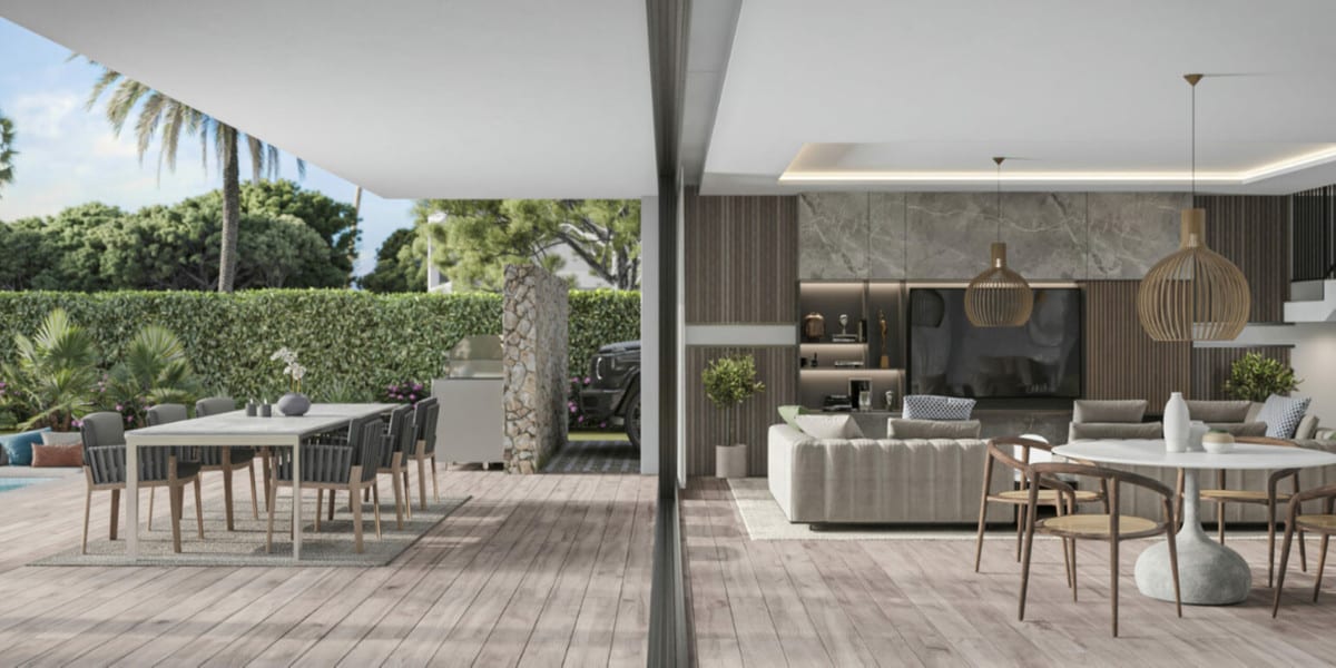 Rendering of a covered terrace with a dining area and adjoining living space.