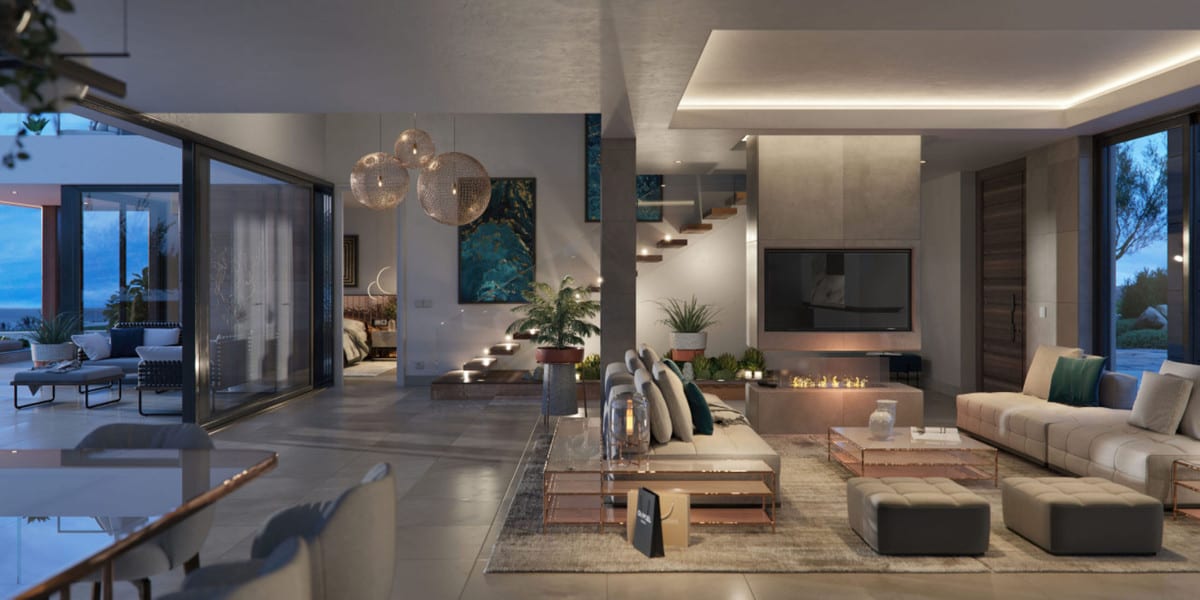 Interior visualisation of VILLA AZAHAR EUROPA GOLF with the main living area and contemporary finishes.