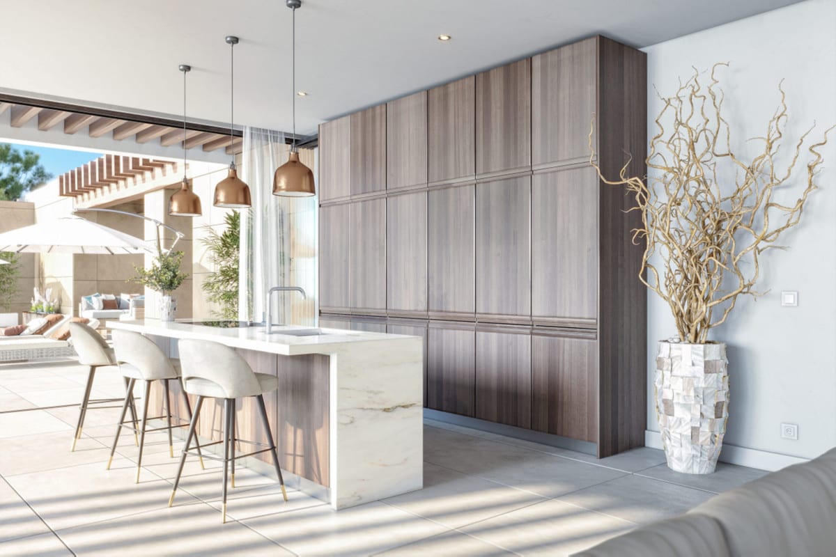 Kitchen visualisation with wooden cabinetry, a white island, three bar stools and pendant lights.