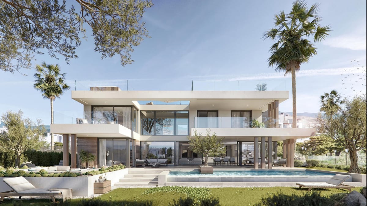 Exterior visualisation of the villa with broad terraces, palm trees and a swimming pool.