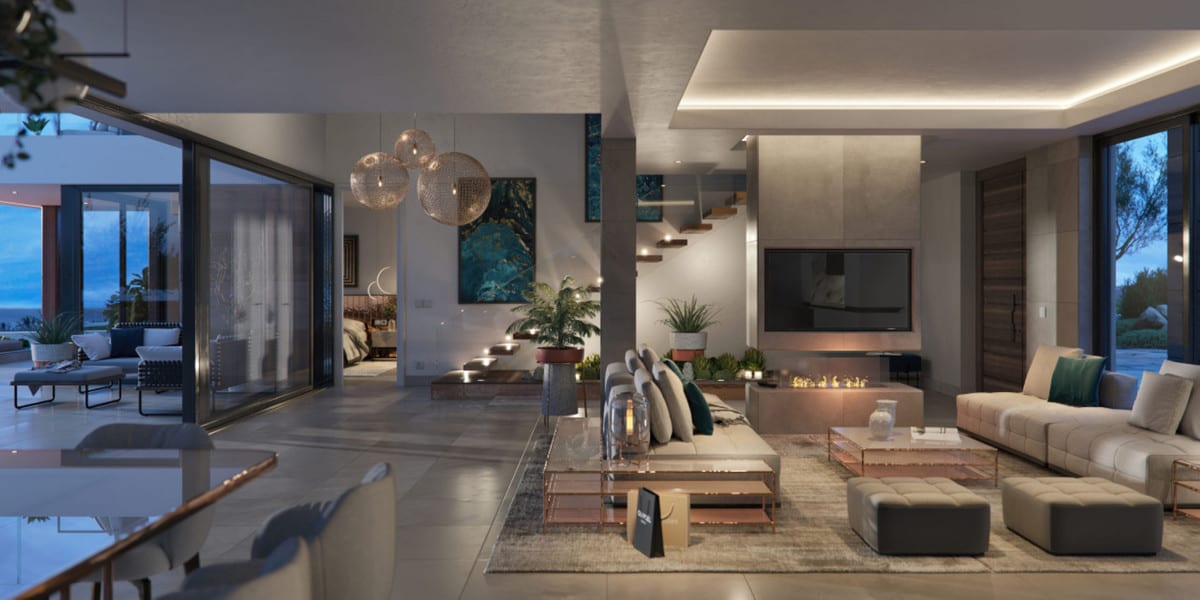 Project visualisation — VILLA AZAHAR PRIVÉ: Living room with pale seating, a wall-mounted television, pendant lights and glass doors to the terrace.