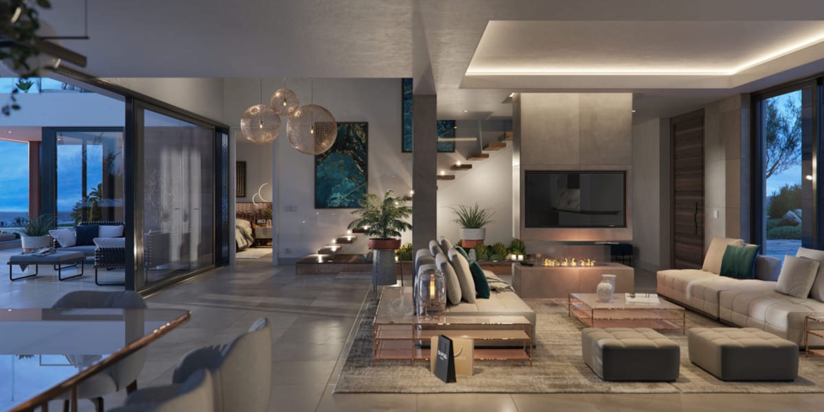 VILLA AZAHAR REAL: Living area with sofas and large windows.