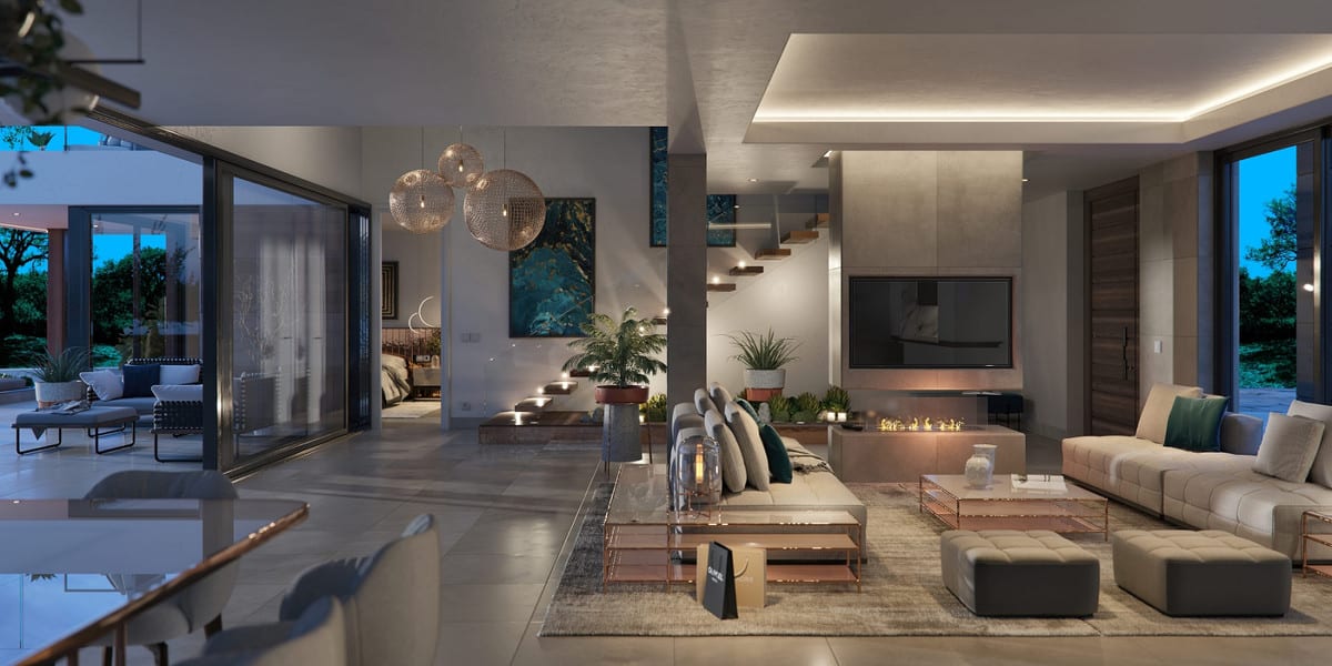 Evening visualisation of the living room with a fireplace, television and open staircase.