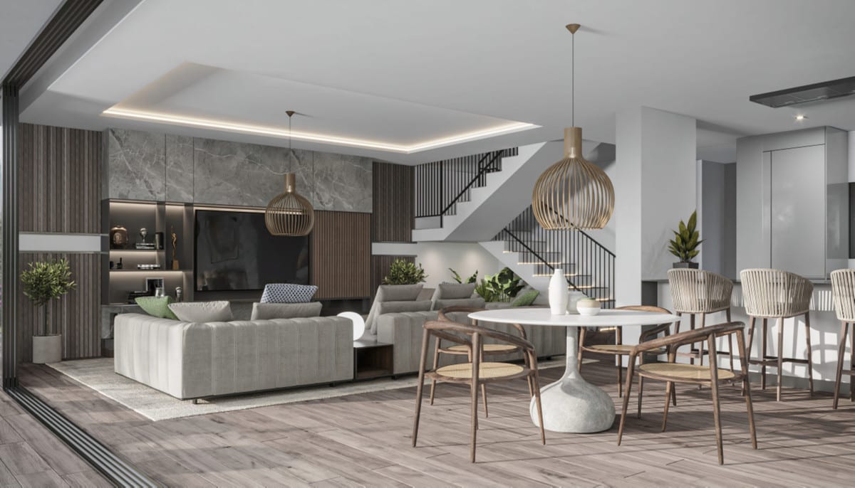 Visualisation of an open living and dining area with a staircase and kitchen counter.