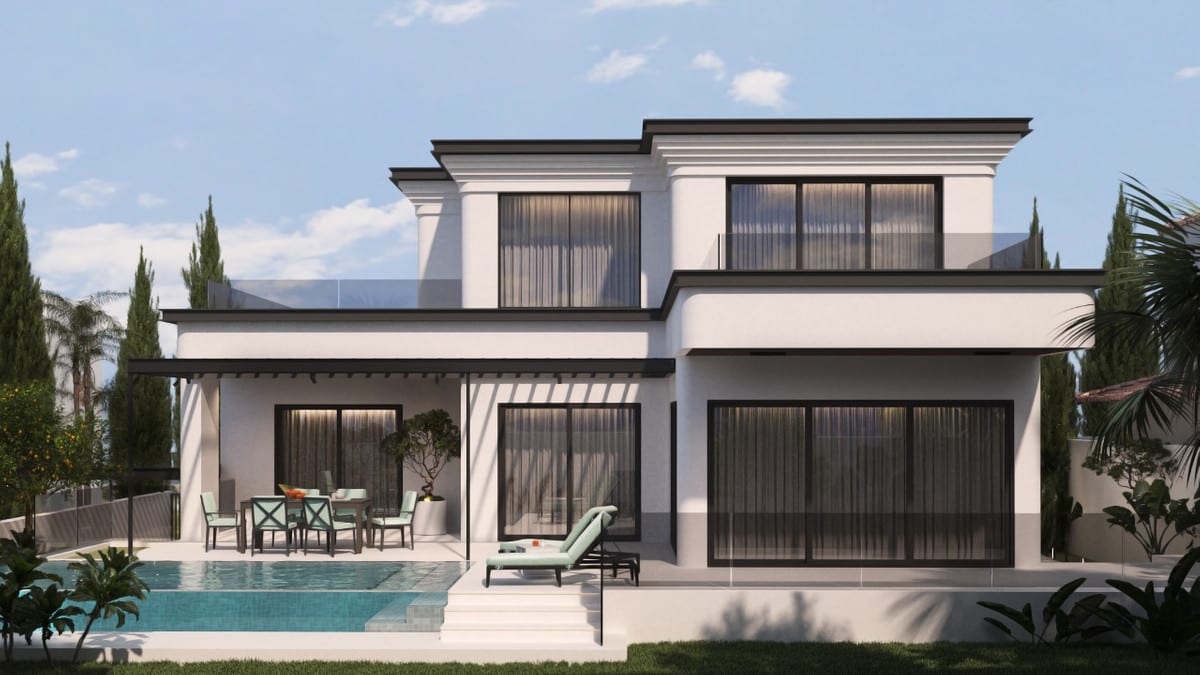 Visualisation of the rear façade with large windows, terrace furniture and a swimming pool.