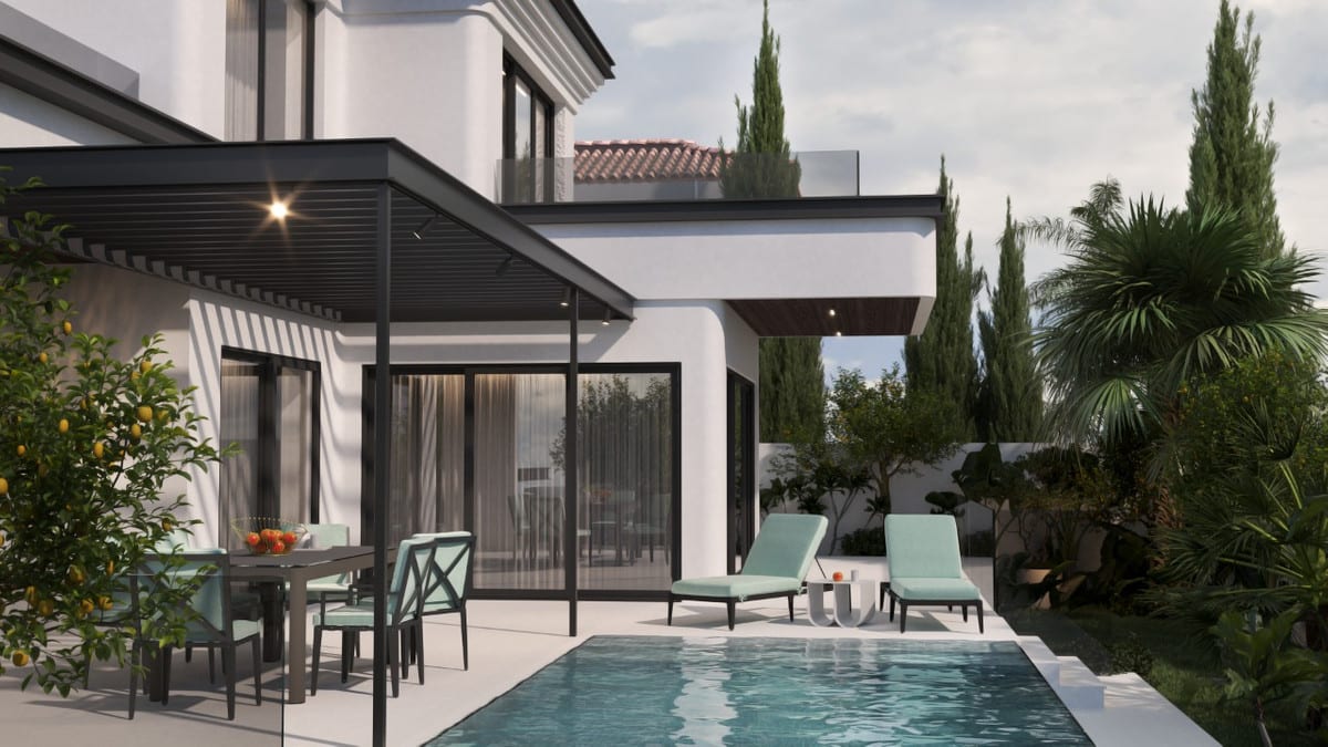 Visualisation of the pool terrace with dining furniture beneath a slatted canopy and sun loungers.