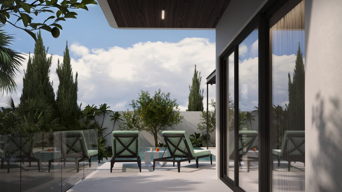 Visualisation of a covered terrace with sun loungers, a glass balustrade and sliding glass doors.