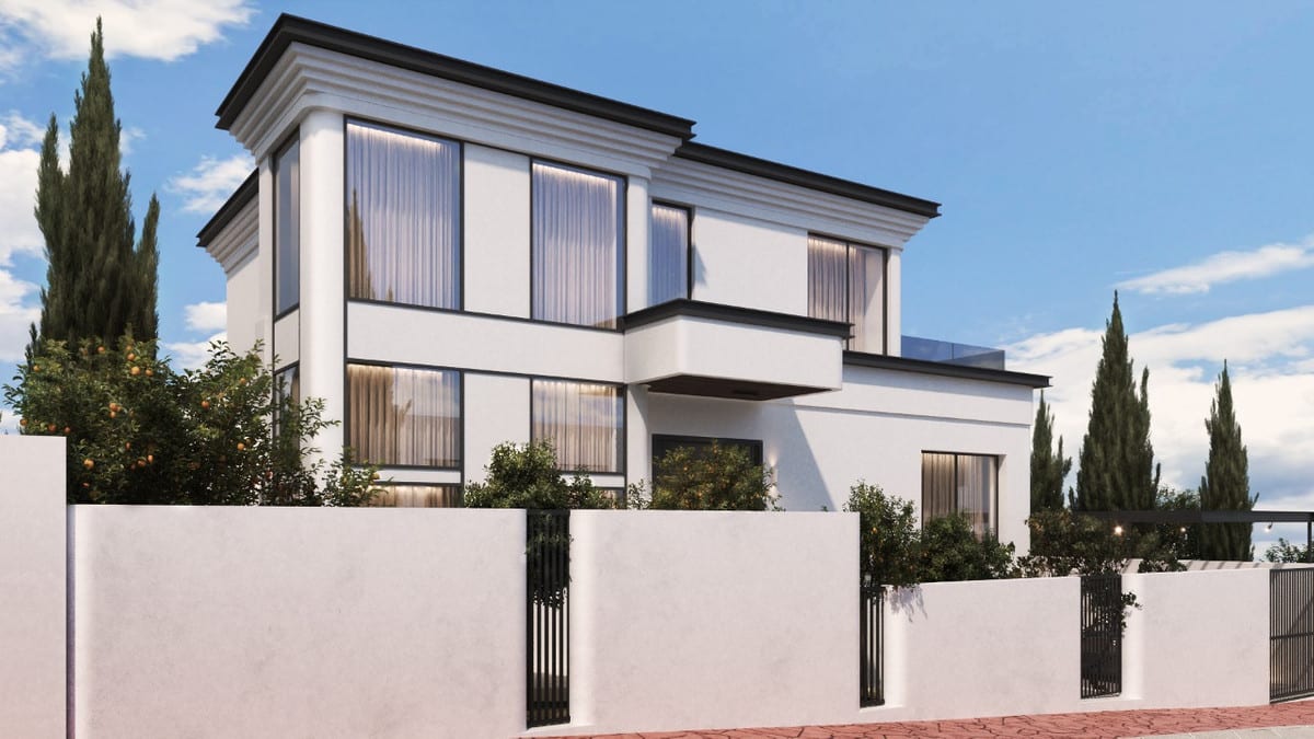 Street-side visualisation of the villa with tall windows, layered roof edges and a white garden wall.