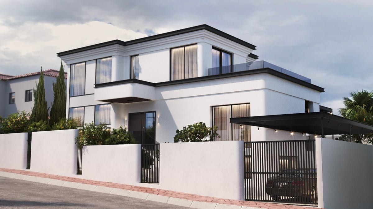 Corner visualisation of the villa with gates and a dark carport canopy.