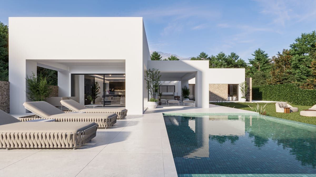 Visualisation of the pool terrace with sun loungers and covered outdoor space.
