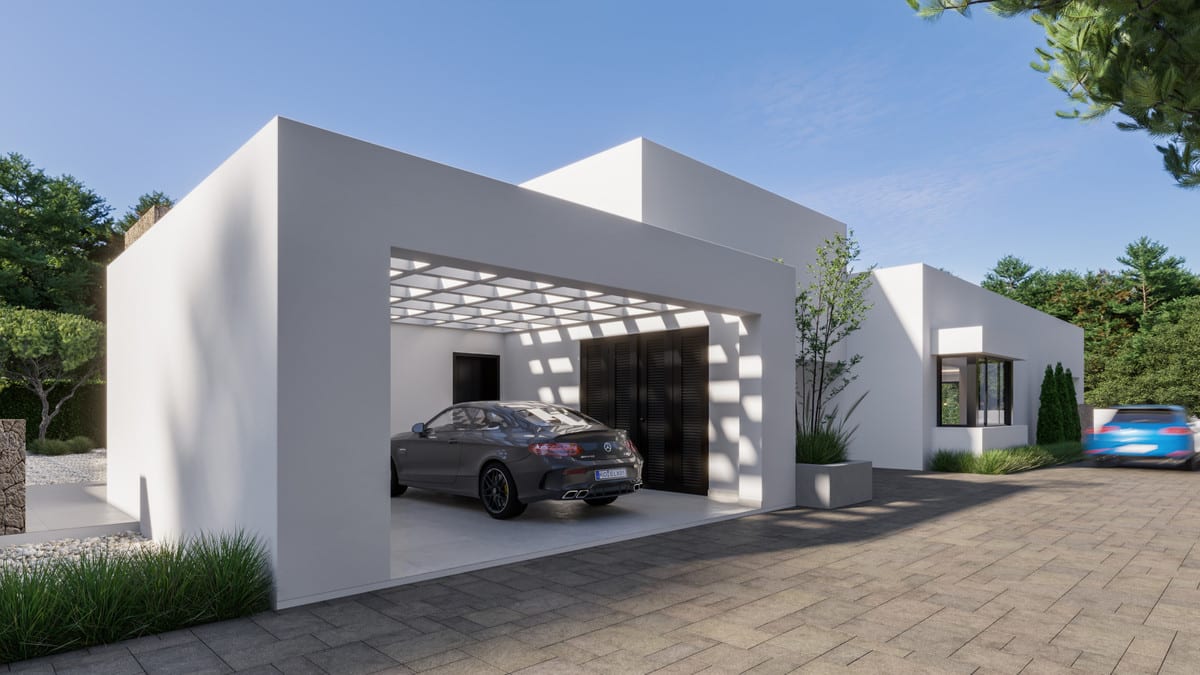 Visualisation of the entrance and driveway with a carport and planting.