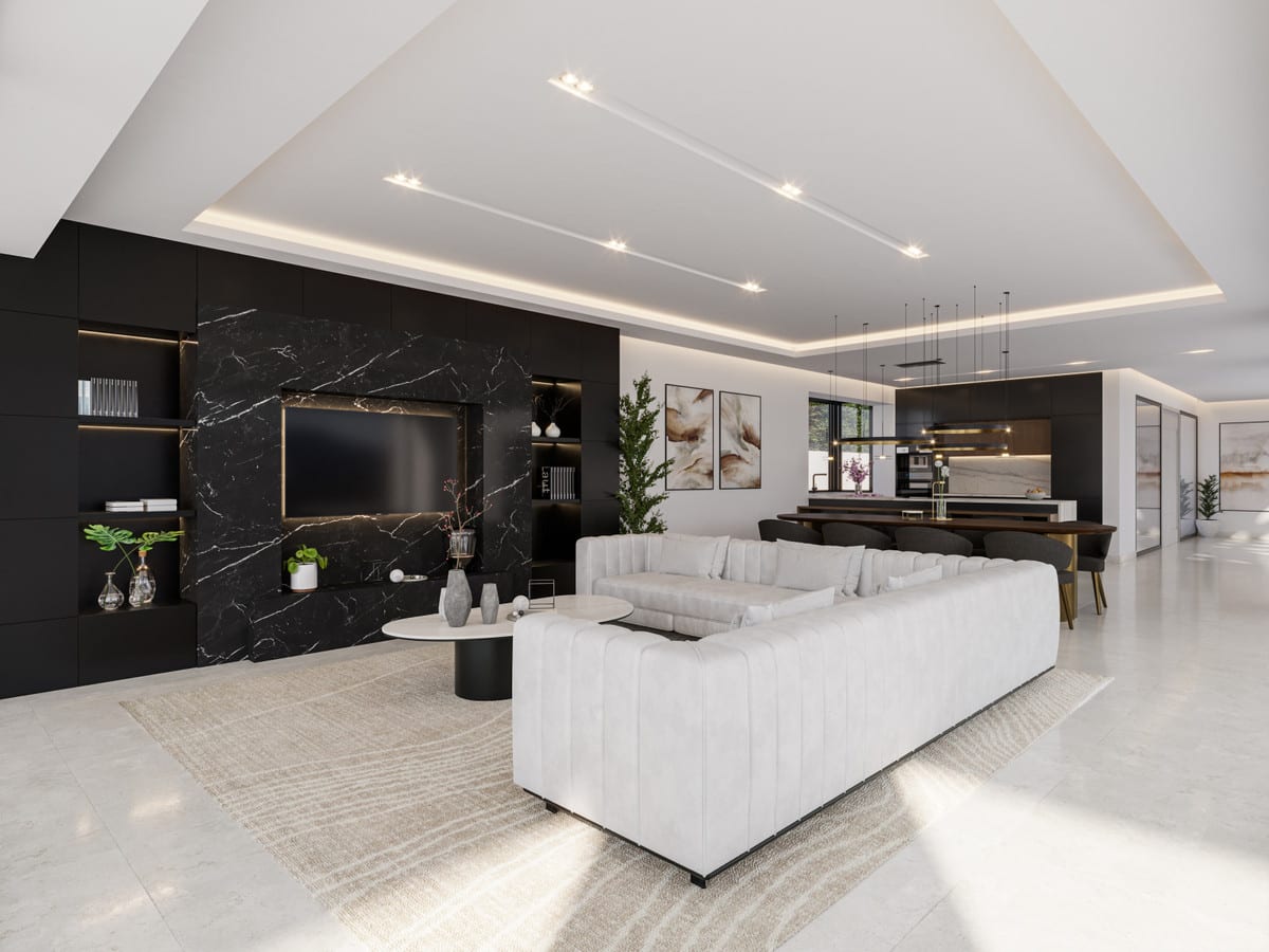 Visualisation of a living room with a pale sofa, dark television wall and open kitchen.