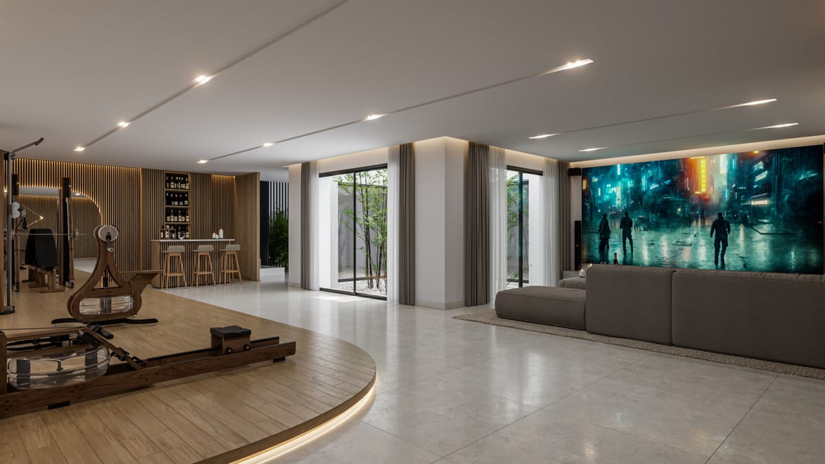 Visualisation of an indoor leisure area with exercise equipment, a bar and seating facing a large screen.