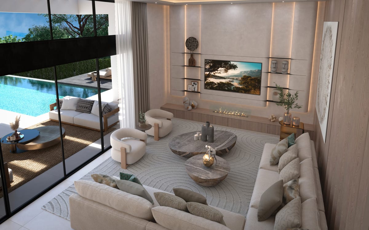 Aerial visualisation of VILLA CASIA showing the buildings, terraces and surrounding residential setting.