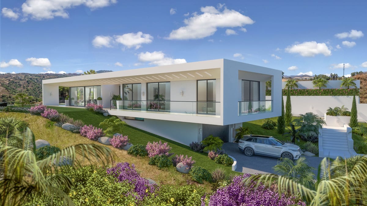 Project visualisation of VILLA CELESTIA with white façades, a glass balustrade, planted slope and a parked car beneath the carport.
