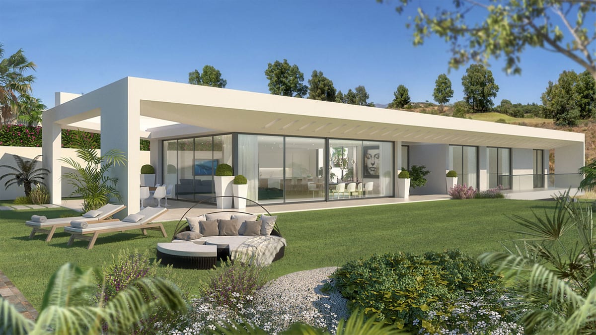 Project visualisation of VILLA CELESTIA with a wide covered terrace, glass façade, lawn, sun loungers and a round lounge sofa on the terrace.