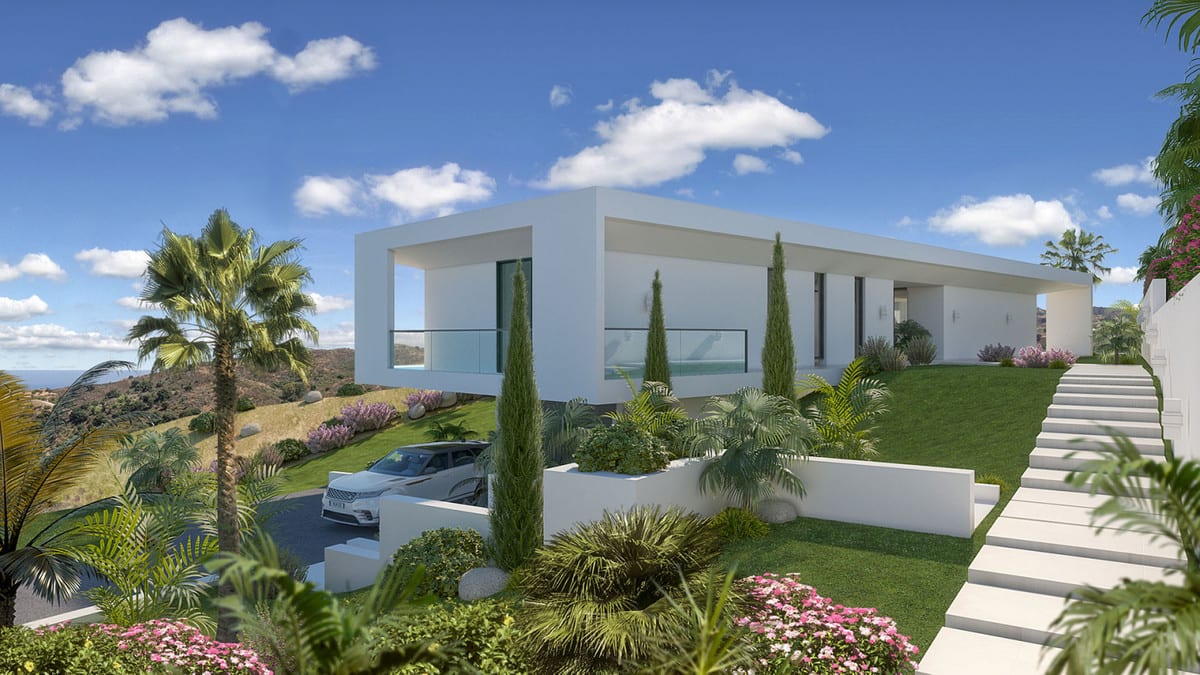 Project visualisation of VILLA CELESTIA with white façades, a glass balustrade, white staircase, driveway, palm trees and a visible strip of sea in the background.