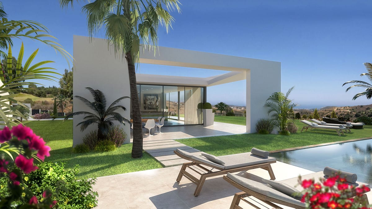 Project visualisation of VILLA CELESTIA with a swimming pool, wooden sun loungers on the terrace, a white covered terrace, glass doors, lawn and palm trees.