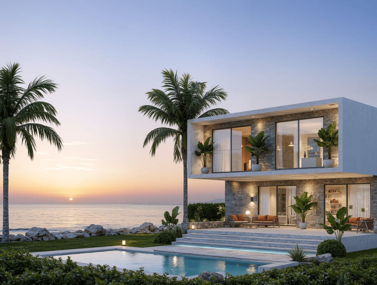 Exterior render of the villa with a pool, terrace and warm lighting at sunset.